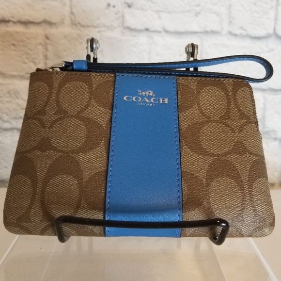 Coach Handbags - Coach Signature C + Bright Blue Strip Wristlet New